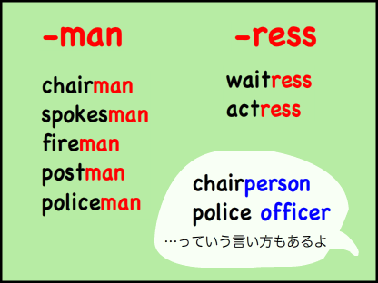 chairman fireman spokesman postman policeman waitress actressなどの言い方もあるよ